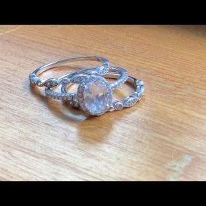 Solid Silver 3 piece engagement wedding ring set